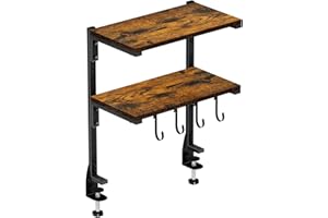 AUATRONNE Clamp-on Desk Shelf, 13 inch Above or Below Desk 2-Tier Shelving, Adjustable Metal Storage Tray for Gaming Devices or Office Desk Accessories and More, Brown, Patent Pending