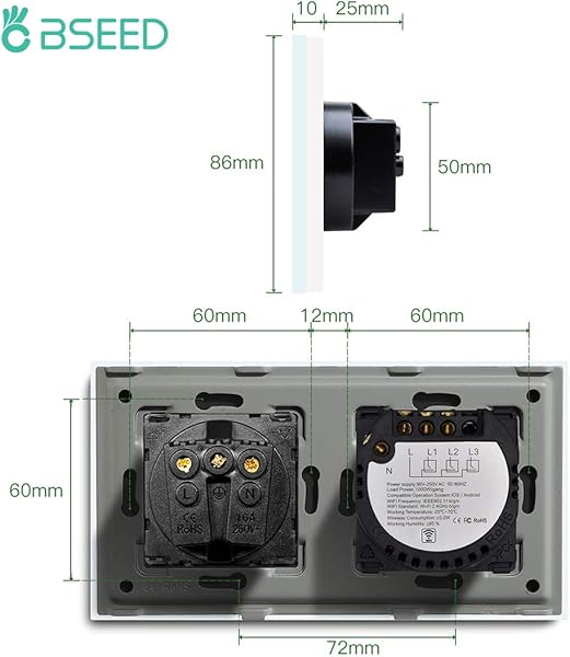 BSEED 157 mm Glass Normal EU enchufe con Smart Alexa WiFi Touch Sensor Interruptor de pared 2 vas 1 va blanco
