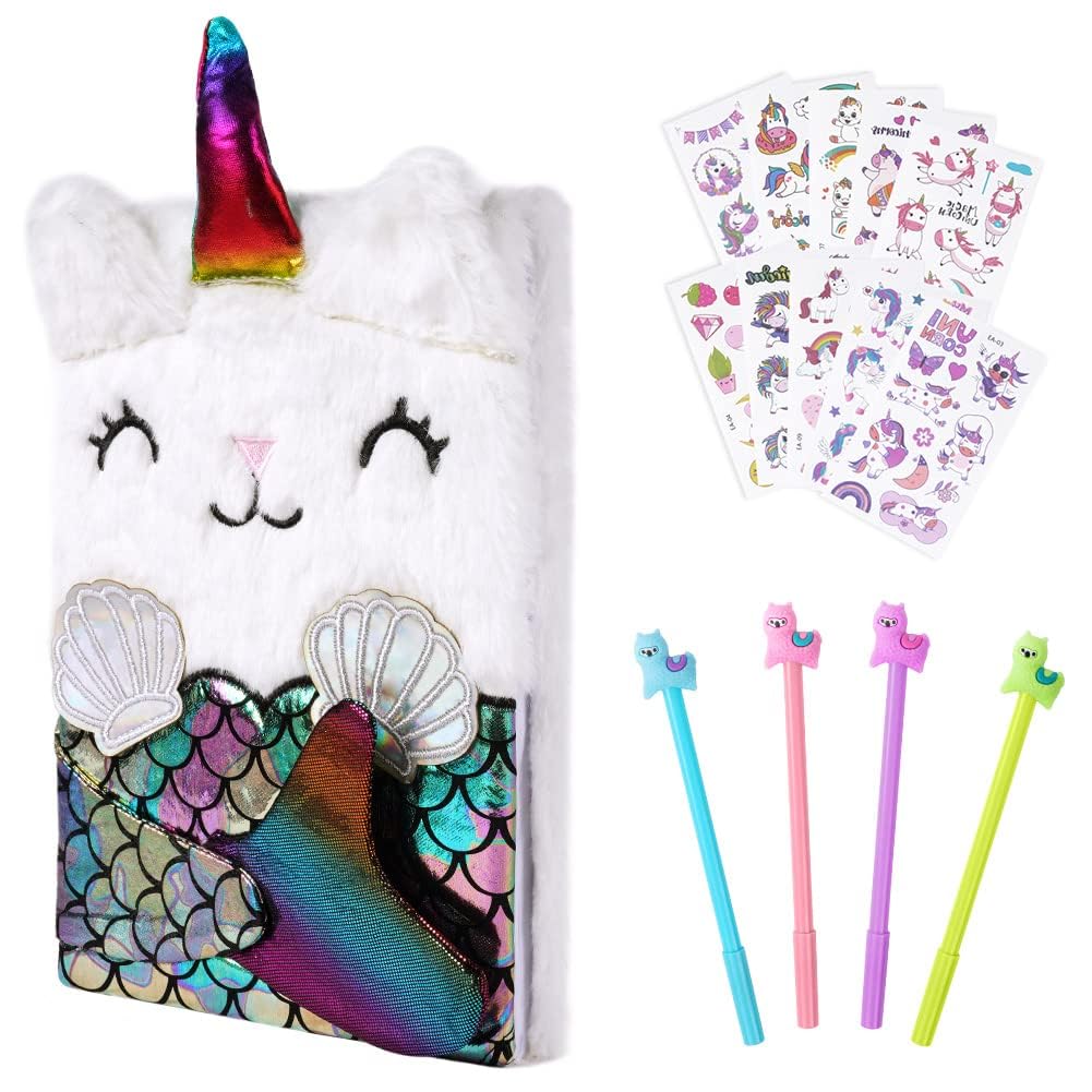 OFFCUP Plush Secret Diary, Plush Mermaid Notebook, Plush Girl Notebook Alpaca Plush Notebook Mermaid Journal Plush Mermaid Notebook with with 10 Tattoo Stickers and 4 Gel Pens