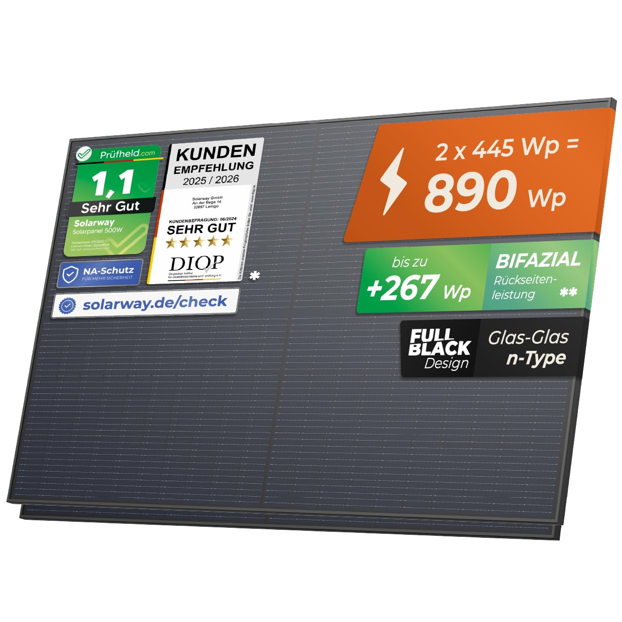Solarway 445W Solarpanel Full Black Bifazial Glas/Glas PV Panel mit positiver Leistungstoleranz von 0-5 Watt, n-type, geeignet für Balkonkraftwerk 8