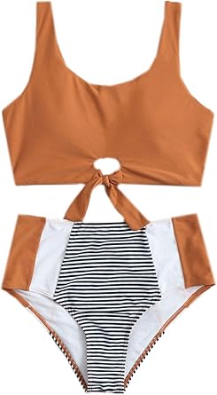 striped knot hem with ruched bikini