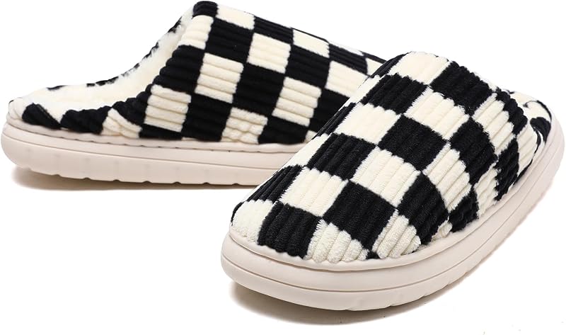 Chaussons Femmes Hommes,Des Pantoufles à Carreaux en Mousse Floue Glissent sur des Pantoufles Moelleuses de Chambre à Coucher anti-skid Intérieur Extérieur(Noir,38/39 EU)