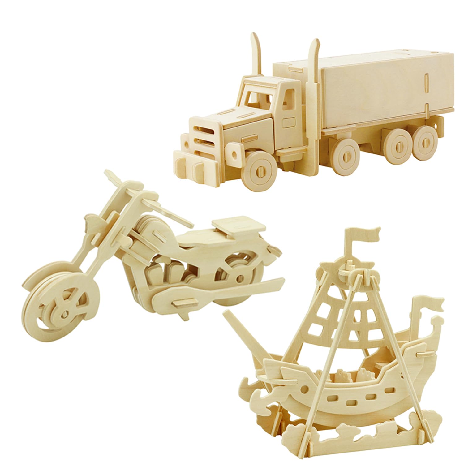 Georgie Porgy Kids Toys Construction Woodcraft Kits 3D Wooden Model Puzzle DIY Arts Crafts Kits Wooden Jigsaws (Pirate Ship Truck Motorcycle) — image 1