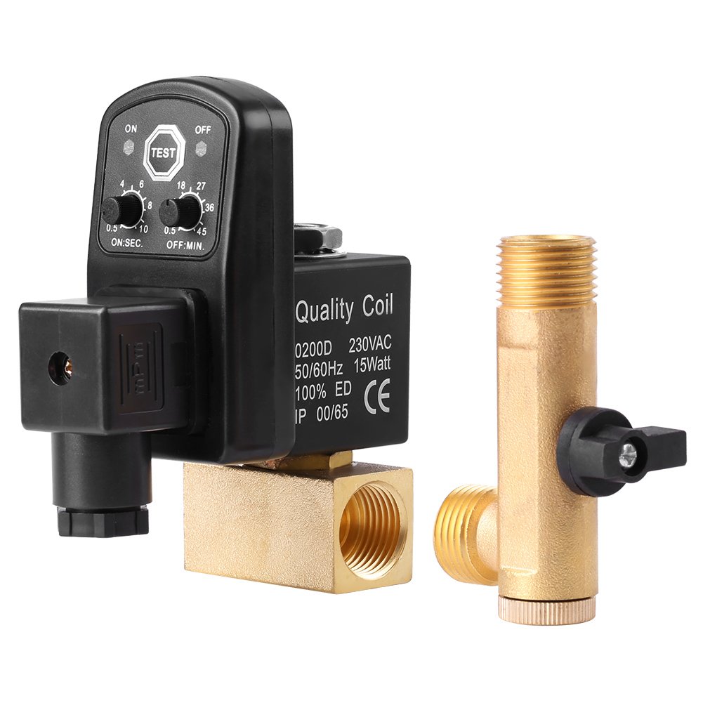 Automatic Electronic Drain Valve for Air Compressor Condensate Management, G1/2 DN15 Air Tank Water Moisture Automatic Timed Drain Valve with Separated Solenoid (AC 230V)