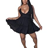 WOKANSE Women Sexy V-Neck Sleeveless Spaghetti Straps Cross Backless Ruched Ruffle Party Club Beach Mini Dresses