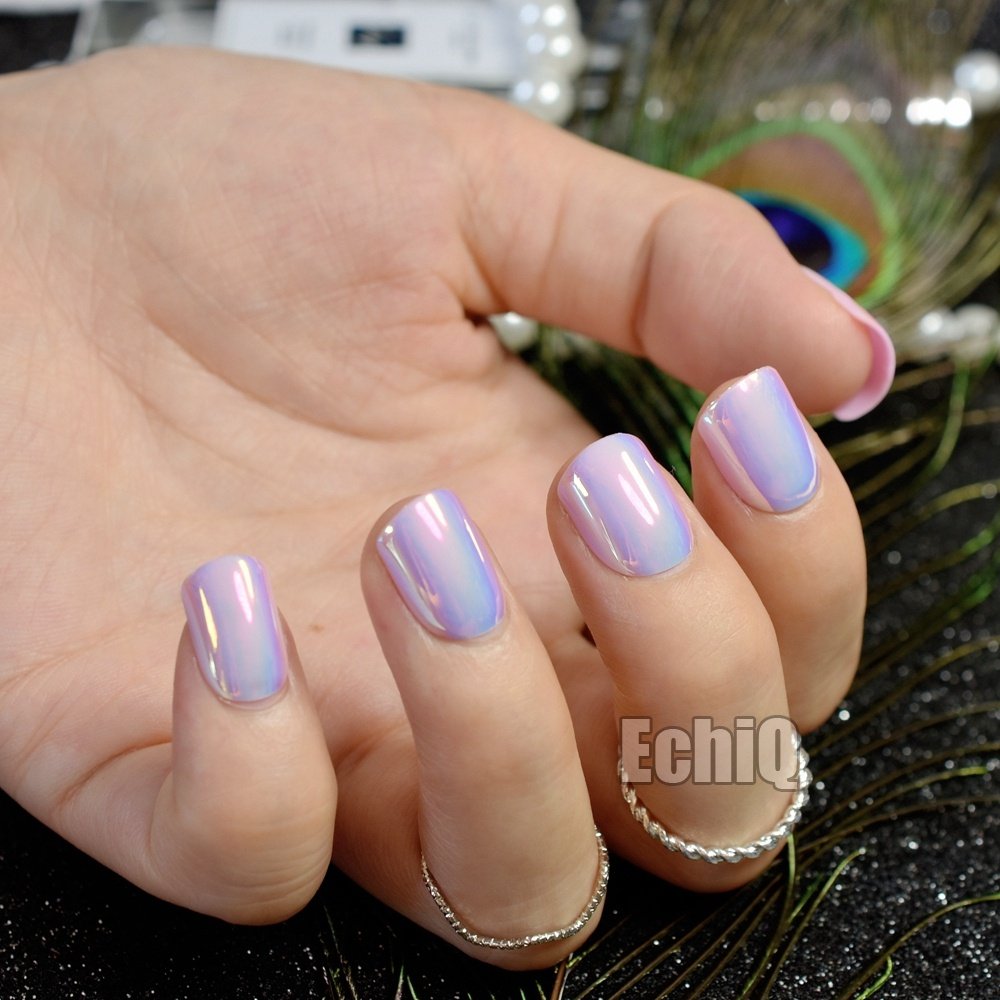 Amazon.com : Chrome Holographic Fake Nails Light Pink Mirror Shiny False Nails Finger Full Wrap DIY Nail Tips with Glue Stiker Z720 : Beauty