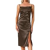 Allegra K Satin Sleeveless Spaghetti Strap Dress for Women Ruched Slim Dress Split Silky Cocktail Party Midi Dresses