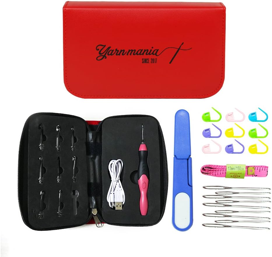 Yarn Mania Light Up Crochet Hooks - 9 Interchangeable Lighted Crochet Hooks (2.5mm - 6.5mm) - Bonus Accessories and Case (Red)