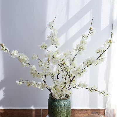 YUYAO Artificial Cherry Blossom Flowers, 4pcs Peach Branches Silk Tall Fake Flower Arrangements for Home Wedding Decoration,41inch White