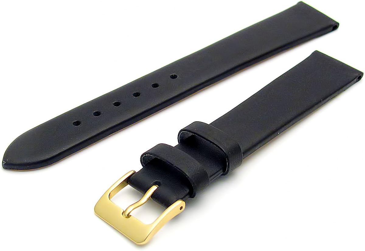 Fine Calf Leather Watch Strap Band 18mm ExtraLong XL Black with Gilt