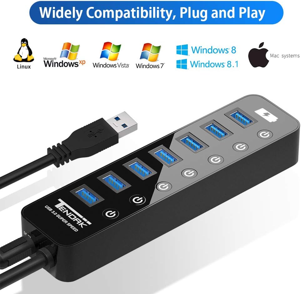 USB Hub 3.0, Tendak 7-Port USB Hub (7 USB 3.0 Data Ports + 1 USB Smart Charging Port) with 5V/4A Power Adapter Individual On/Off Switches for Mac Laptop HDD Disk: Computers & Accessories