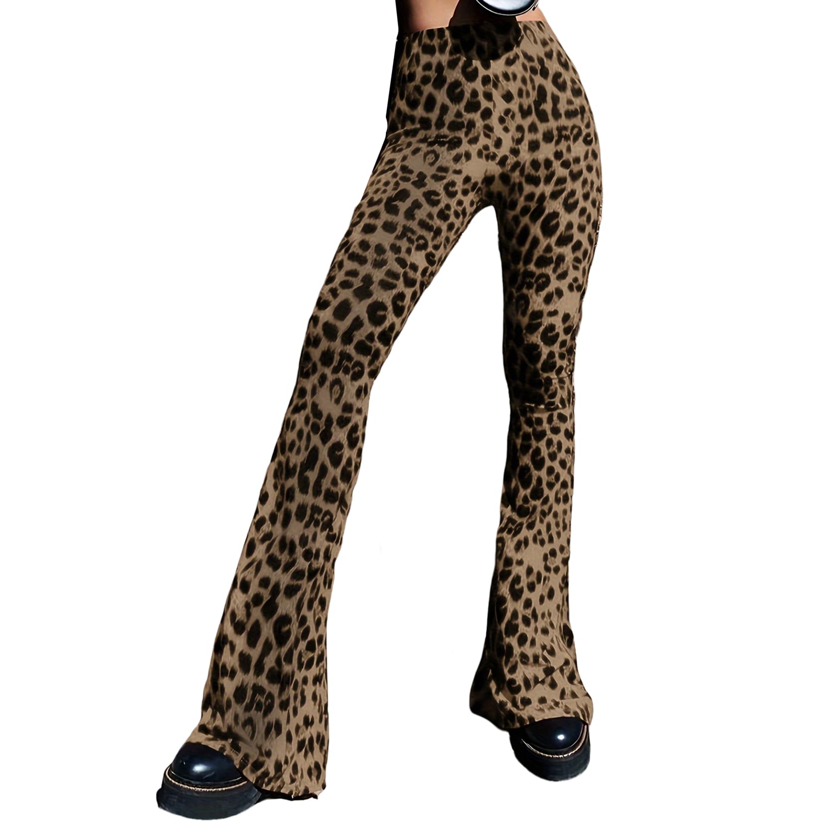 Photo 1 of MEDIUM-Women’s High Waist Rave Mesh Sheer Pants Flared Bell Bottom Pants for Rave Festival Dance Clubwear Leopard-Brown