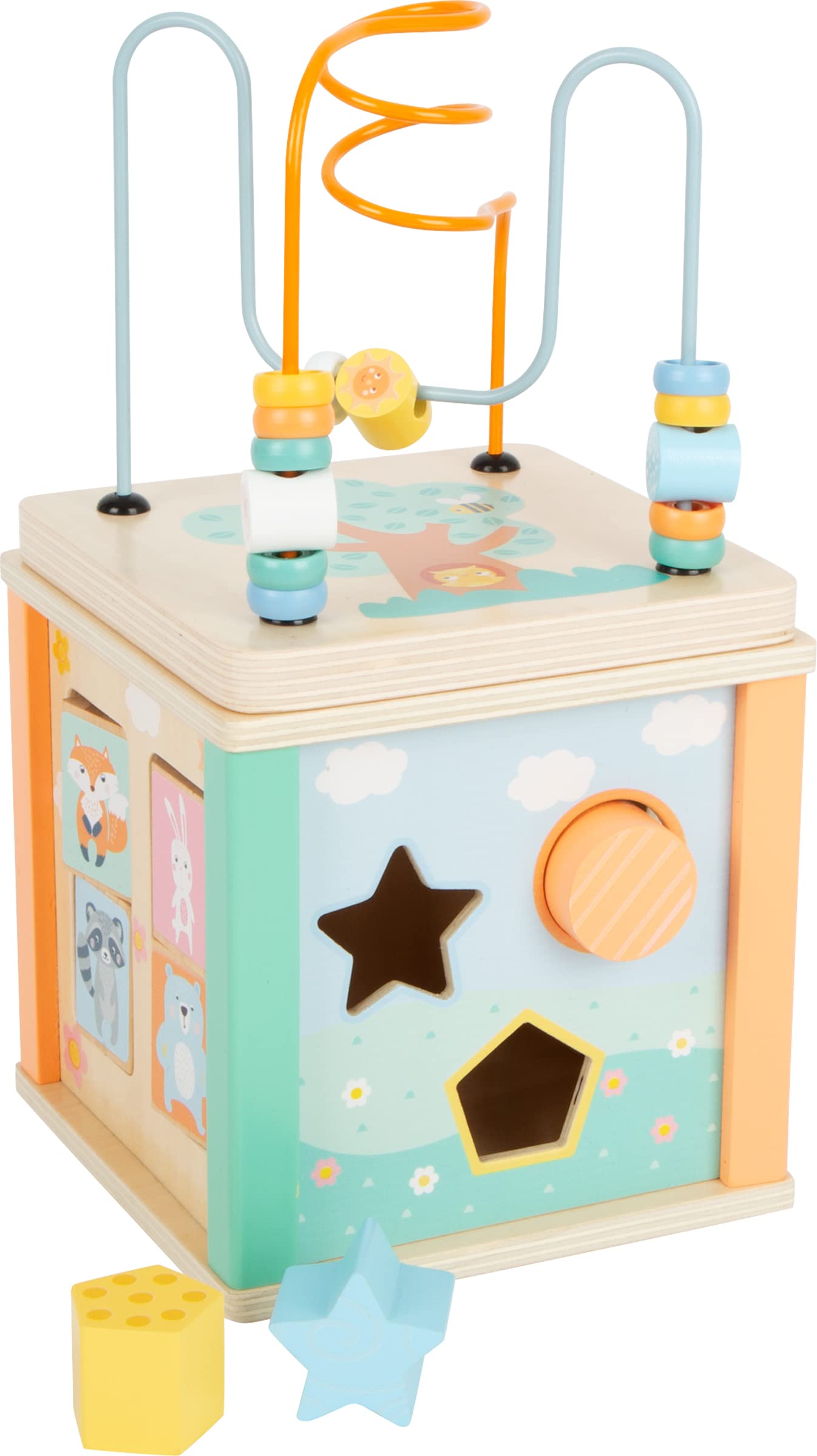 Small Foot 11724 Motor Activity Cube Pastell, wooden shape-fitting game in trendy pastel colours, for ages 12+ months