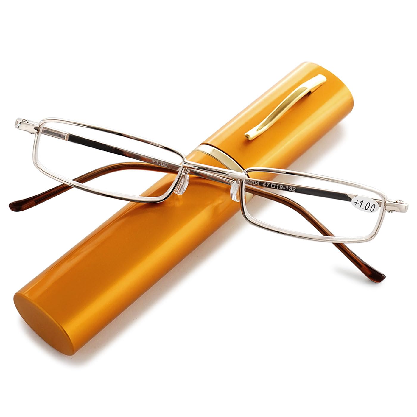 ABETOS Slim Pen Reading Glasses Blue Light Blocking Metal Readers In Tube Case Superlight Spring Hinge Pocket Portable Eyewear Thin Travel Eyeglasses 1.0+ 1.5+ 2.0+ 2.5+ 3.0+, Gold+3.0
