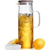 hjn Glass Water Pitcher with Lid Glass Carafe with Handle, Fridge Water Jug for Cold or Hot Beverages, Iced Tea, Milk, Juice 1500ml/51oz & bamboo lid