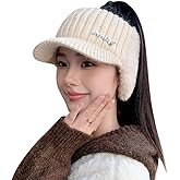 MIFULGOO Open Beanie with Earflap Visor Brim Bill Winter Golf Driving Ponytail Hats Women