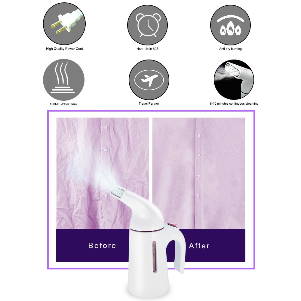 Garment Steamer Travel Fabric Steamer with 150ml Water Tank 45 Seconds Heat-Up Auto Shut-Off Safety Protection Perfect for Home & Hotel