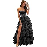 Djqpi Sequin Strapless Corset Prom Dresses for Women Chiffon Tiered A Line Formal Evening Party Gown with Slit