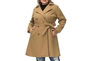 Hanna Nikole Women's Plus Size Wool Dress Coat with Belt Double Breasted Pea Coats Mid-Long Trench Coat