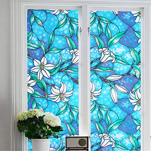 DondPO Wall Decal PVC Lily Static Window Film No Glue Removable Stained Glass Decal Art Nursery Decor