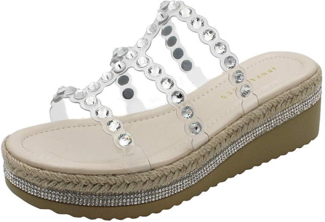 Women's Backless Wedge Platform Sandals Rhinestones 3Strap Slip On