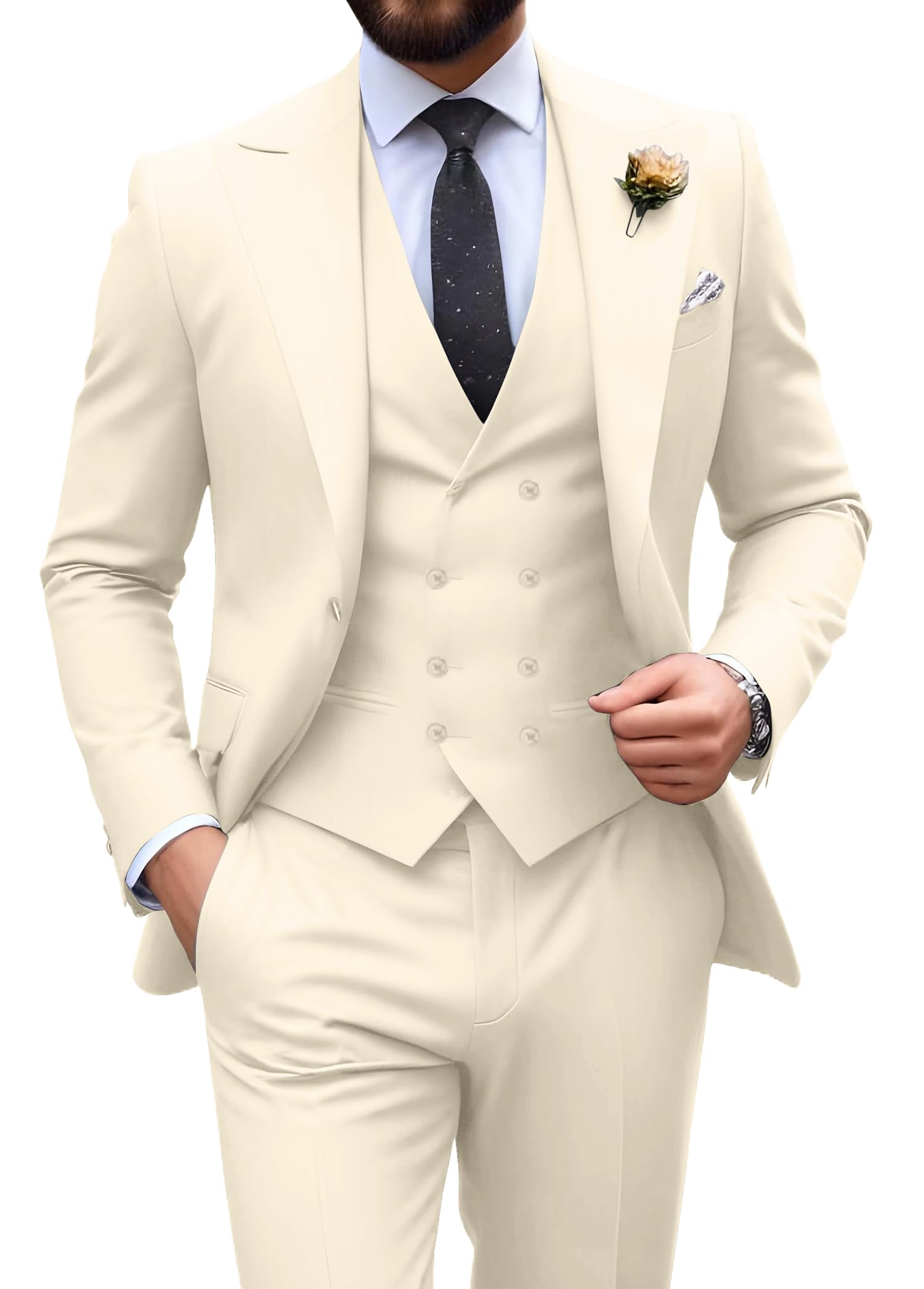 Photo 1 of Men's Suit Slim Fit 3 Piece Tuxedo Formal Wedding Casual Groom Suits Double Breasted Suit Men Business Blazer Vest Pants Set Cream X-Large