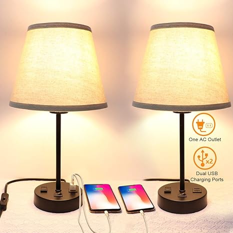 Amazon Com Usb Table Lamp Set Of 2 Partphoner Bedside Nightstand Lamp With Dual Usb Charging Ports Ac Outlet Small Desk Lamp Cream Fabric Shade Metal Base Light For Bedroom Living Room Study