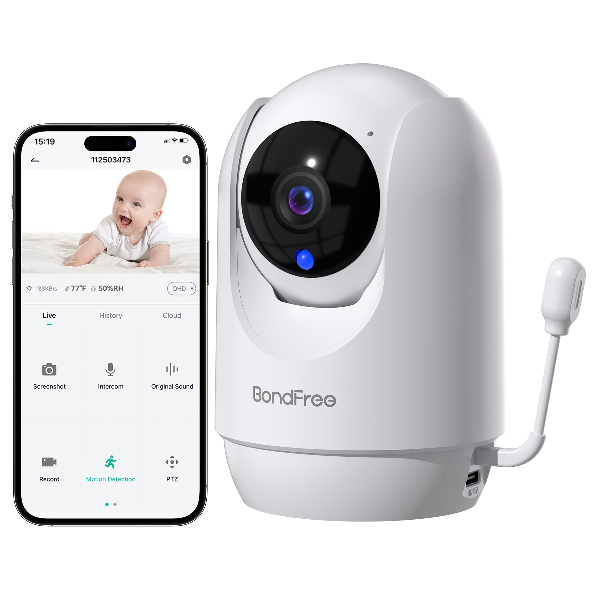 Photo 1 of BondFree Baby Monitor with Camera and Audio, 2K Smart Baby Monitor with App, Temperature& Humidity, 2-Way Talk, 3MP Night Vision, 14 Lullabies,Cry & Motion Detection, 4X Zoom-5Ghz WiFi Baby Monitor