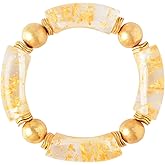LALAPPLE Gold Plated Beaded Acrylic Bamboo Tube Bangle Bracelets for Women, Colorful Chunky Curved Tube With Gold Plated Pieces Beads Stretch Bracelet Friendship Summer Beach Jewelry