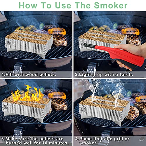 Lnrueg Smoker Tray – Edelstahl-Rauchgenerator (20x13 Cm) Für Pellets, 12 Std. Brenndauer, Rutschfest – Für Grill & Smoker