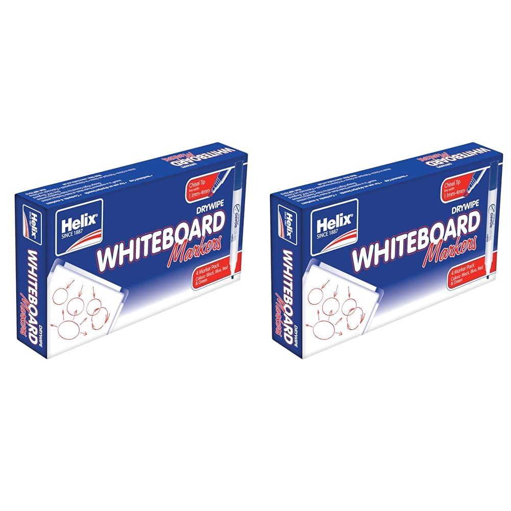 Helix Whiteboard Dry Wipe Marker Pens Chisel Tip x4 (Assorted) (Pack of 2)