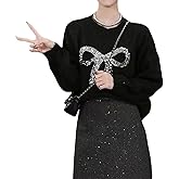 Sequin Cute Bow Sweater Long Sleeve Glitter Party Crewneck Loose Pullover Top