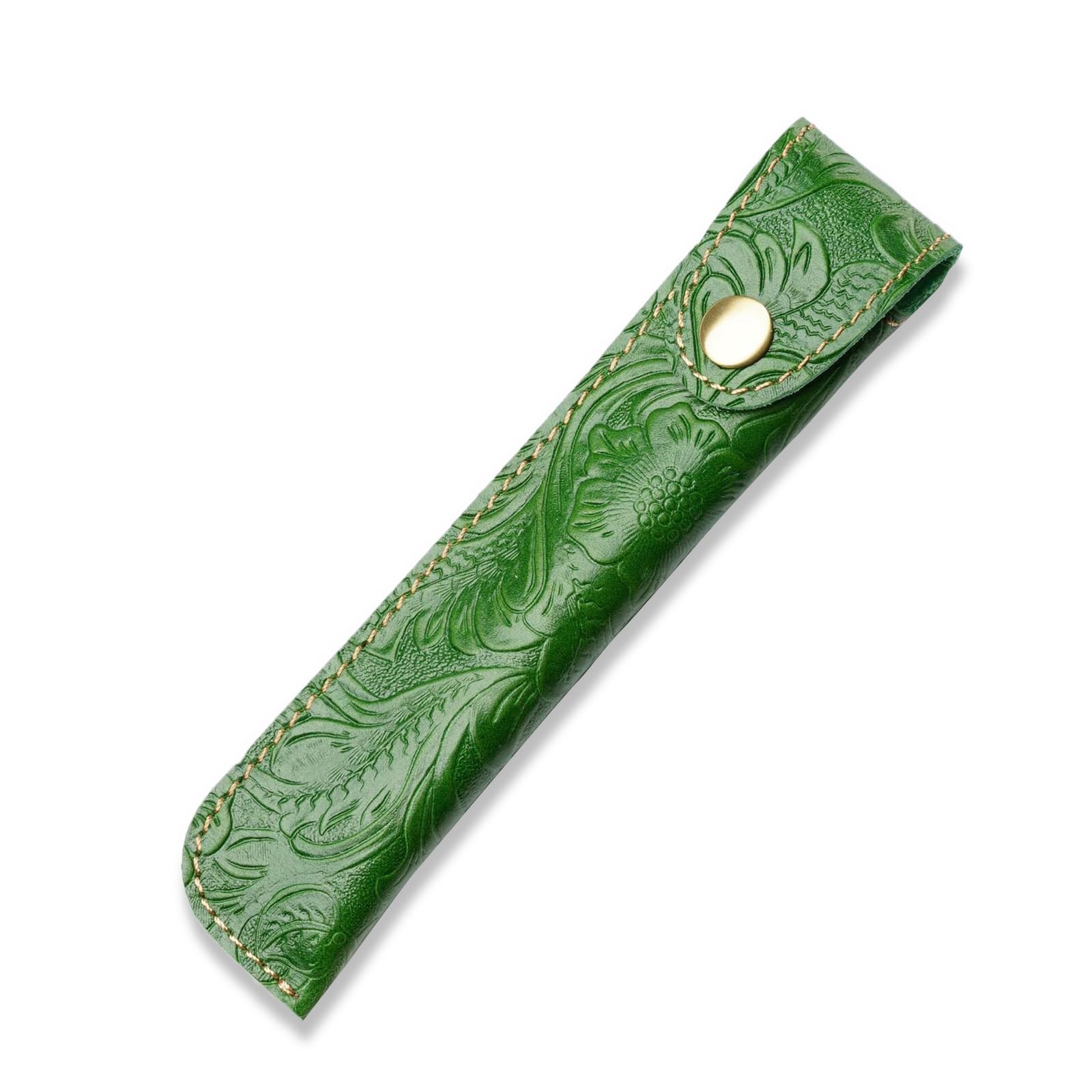 Kaizuca Leather Pen Case Holder, Protective Pen Case, Fountain Pen Holder Case, Carving Craft, with Metal Button, Genuine Leather Handmade, Portable, for Stylus Touch Pen, Ballpoint Pen(Green)