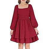 grewley Girls Fall Dress Long Sleeve Dresses Smocked Ruched Square Neck Tiered Flowy Casual Formal Tween Dress 5-14 Years