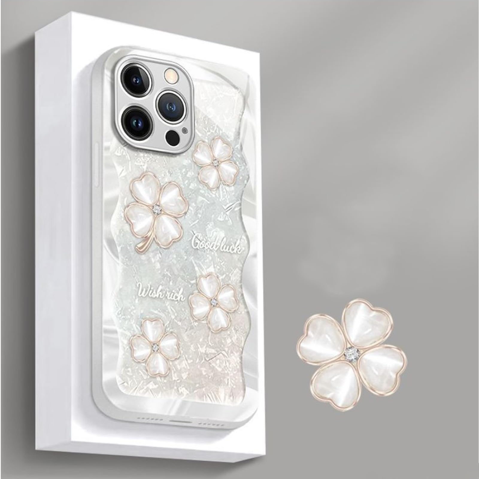 Glitter Clear Case Compatible for iPhone 14 pro max, Flower Floral Case, Cute four-leaf clover pattern, Shockproof, Clear Shockproof Phone Cases, for Girls, Women, Men