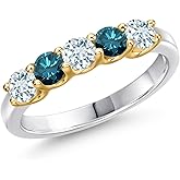 Gem Stone King 10K 2 Tone Gold Sky Blue Aquamarine and Blue Diamond Wedding-Bands Ring For Women | 0.81 Cttw | Round 3.5MM | Gemstone March Birthstone