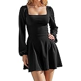 GOBLES Women's Elegant Long Puff Sleeve Square Neck Bodycon Mini Party Dress