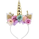 Nishine Unicorn Horn Floral Headband Glitter Ears Pony Head Bands Tiara for Girls Party Birthday Cosplay