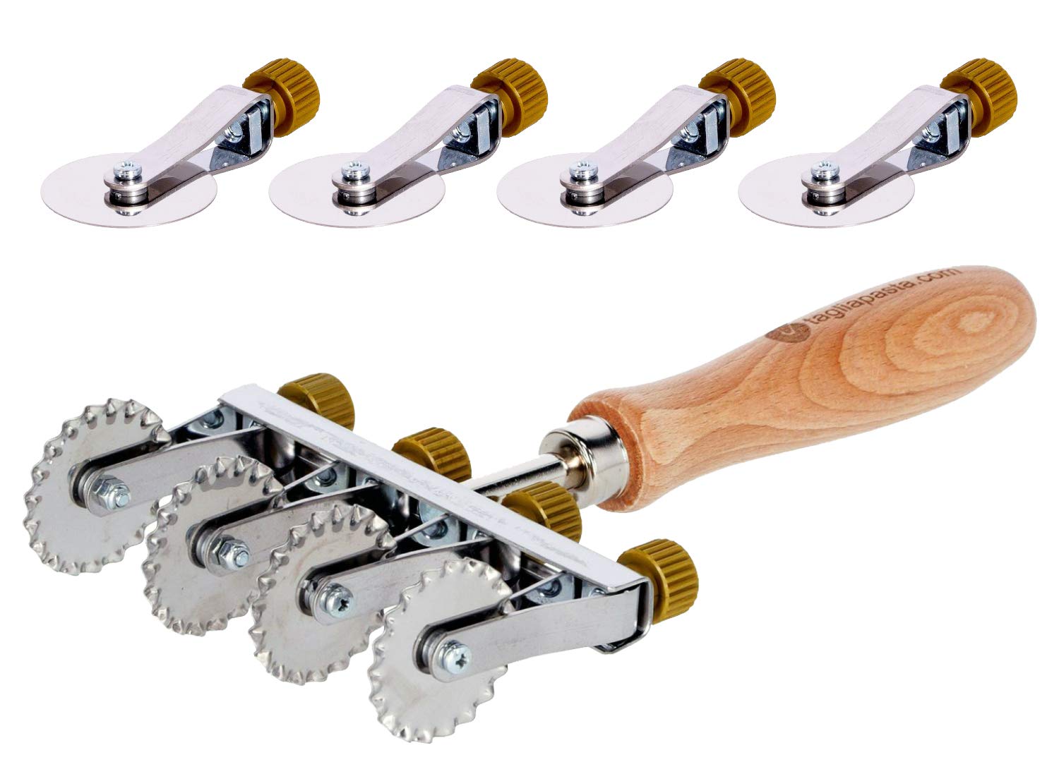 Tagliapasta Fresh Puff Pastry Wheel | 4 Adjustable Smooth Blades + Saving Kit 4 Toothed Blades | Diameter 36 mm in Stainless Steel and Wooden Handle | Pastry Cutter [Made in Italy]