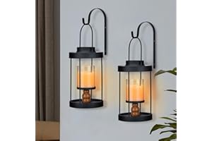 SUNNYPARK Metal Wall Sconce Candle Lantern Set of 2 - Black Wall Mounted Wood and Metal Hanging Holder with Glass & Candles Vintage Wall Decor for Porch, Living Room, Dining Room, Bedroom Indoor Decor