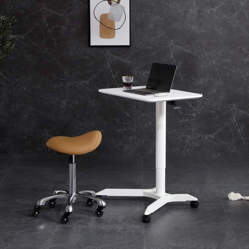 FRNIAMC Pneumatic Mobile Laptop Table Standing Desk Height Adjustable Rolling Sit-Stand Computer Cart with Wheels Heavy Duty Tray(White): Kitchen & Dining