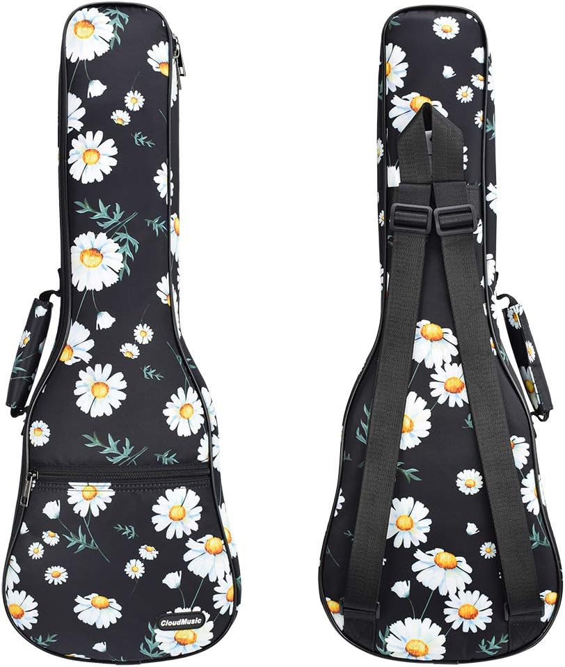 CLOUDMUSICUkulele Case Gig Bag Padded Backpack For Concert 23" Inch(Concert,Small Daisy In Black)
