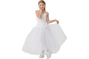 Girls Long A-line Tulle Lace Underskirt Hoopless Petticoat Slips (31.4 inches), White(31.4 Inches), Medium