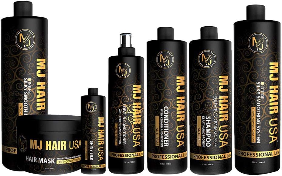 MJ Hair Welcome Kit, Keratin Treatment & After Care Set (Silky Smoothing System Treatment-Shampoo-Conditioner-Leave In Conditioner -Hair Mask - Shiny Silk Oil)