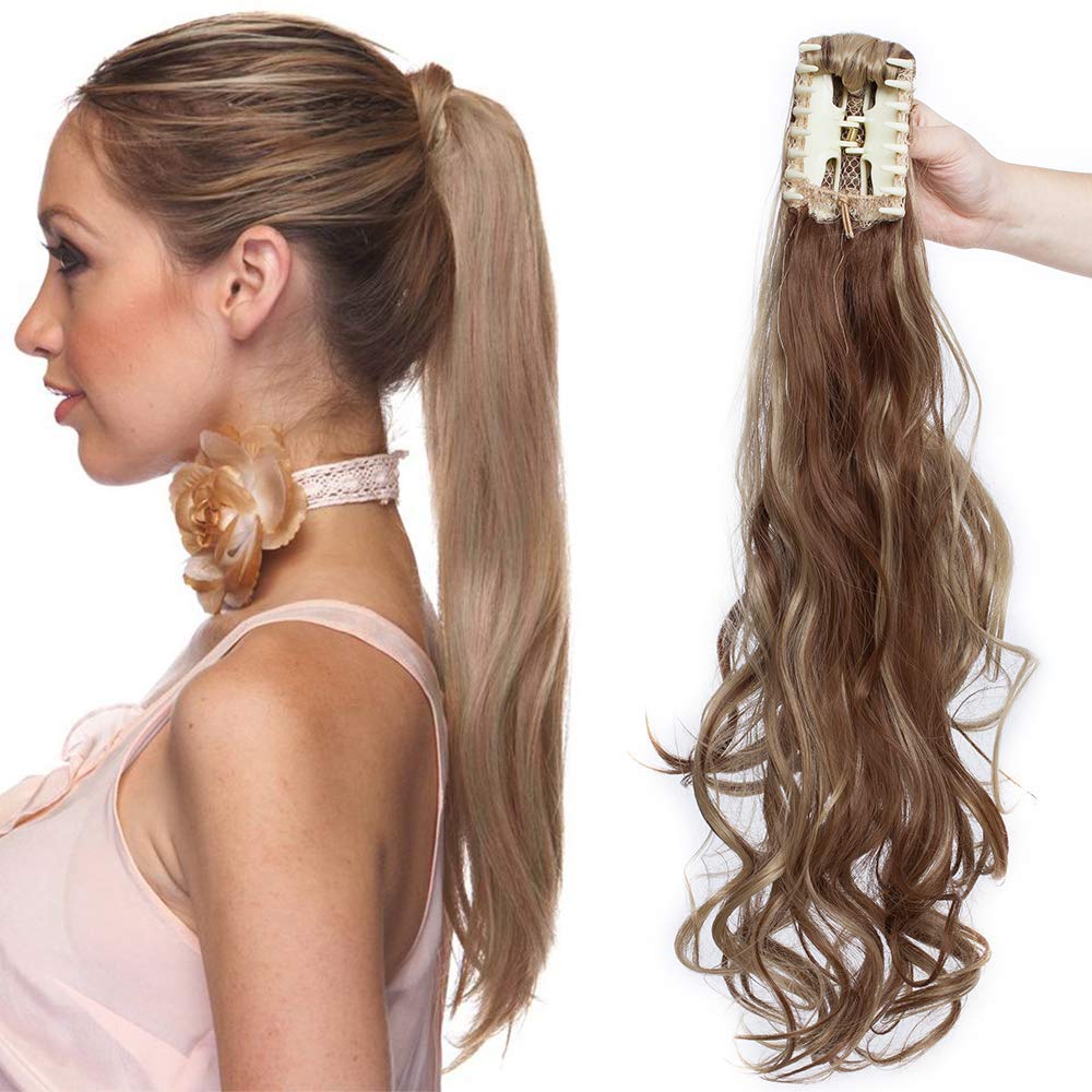 24" Long Wrap Around Ponytail Clip In Silky Soft Hair Extensions Synthetic - Light Brown & Ash Blonde(60cm-150g) โ image 1