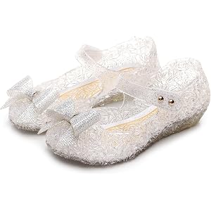 Toddler Girls Jelly Sandals, Sparkly Bow Mary Jane Flats, Non-Slip Summer Water Shoes for Kids, White