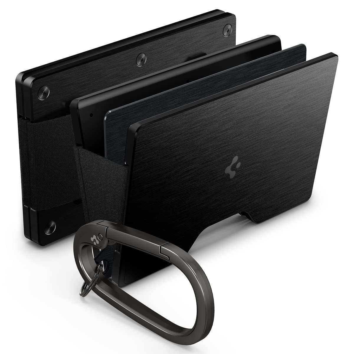 Spigen RFID Blocking Wallet Slim Minimalist Credit Card Holder with Key Ring, Carabiner for Men and Women with Cash Strap - Black