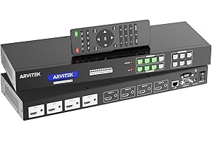 Arvitek 4K 4x4 HDMI Matrix Seamless Switch w/Web, HDMI Video Wall Controller 2x2 Matrix, Seamless Multi-Viewer, Support 3.5mm Audio Input Output, Splicing Mode, 90-180-270° Rotation