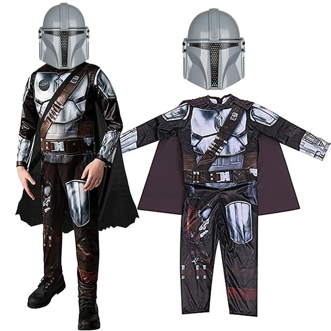 SINSEN Mandalorian Costume Kids Boys Mandalorian Half Face Mask Black Series Halloween Mandalorian Outfit Bodysuit with Cloak