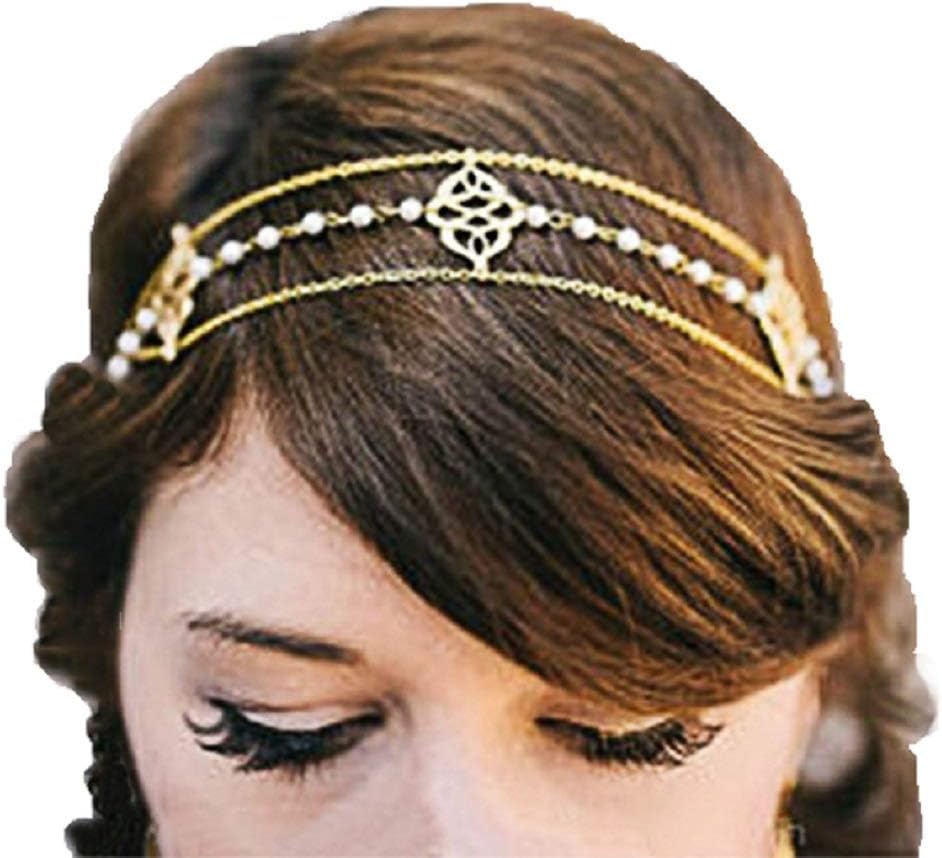 Alloy Pearl Headband Head Chain Fashion Party Wedding Headpiece Jewelry for Women and Girls, A Great Addition to Your Costume(Gold)
